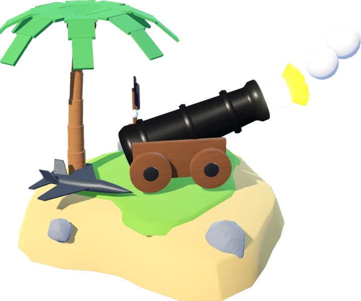 The home island with a big black cannon and an F-22 under a palm tree